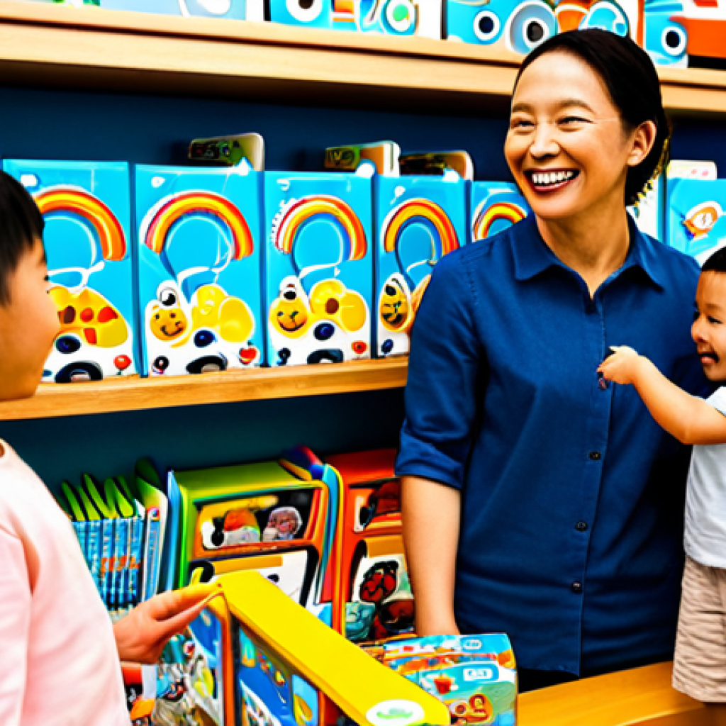 A diverse family, including parents and two happy children (approximately 5-7 years old), fully clothed in modest, casual attire, joyfully interacting with a display of colorful "Tayo the Little Bus" merchandise in a bright, modern toy store. The children are holding various Tayo-themed toys and books, looking excited and engaged. The parents are observing with warm smiles, creating a wholesome family moment. The background features neatly organized shelves stocked with children's products. Perfect anatomy, correct proportions, natural poses, well-formed hands, proper finger count, natural body proportions. Safe for work, appropriate content, fully clothed, family-friendly.
