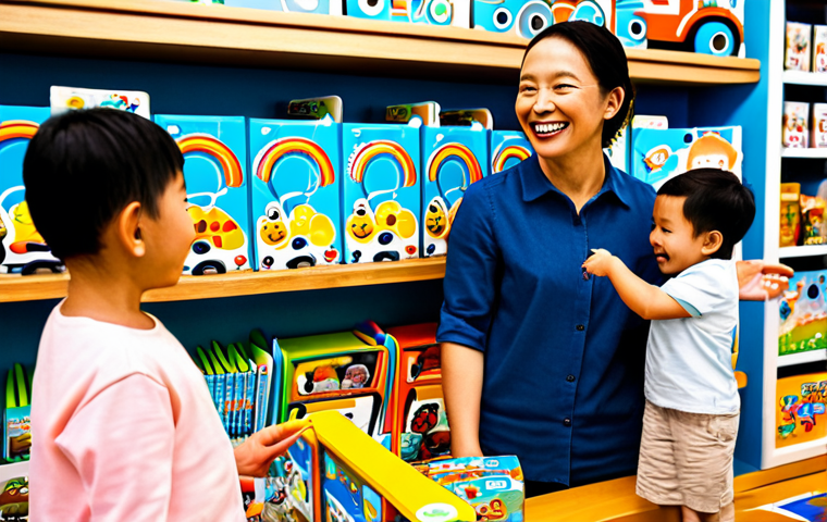 A diverse family, including parents and two happy children (approximately 5-7 years old), fully clothed in modest, casual attire, joyfully interacting with a display of colorful "Tayo the Little Bus" merchandise in a bright, modern toy store. The children are holding various Tayo-themed toys and books, looking excited and engaged. The parents are observing with warm smiles, creating a wholesome family moment. The background features neatly organized shelves stocked with children's products. Perfect anatomy, correct proportions, natural poses, well-formed hands, proper finger count, natural body proportions. Safe for work, appropriate content, fully clothed, family-friendly.