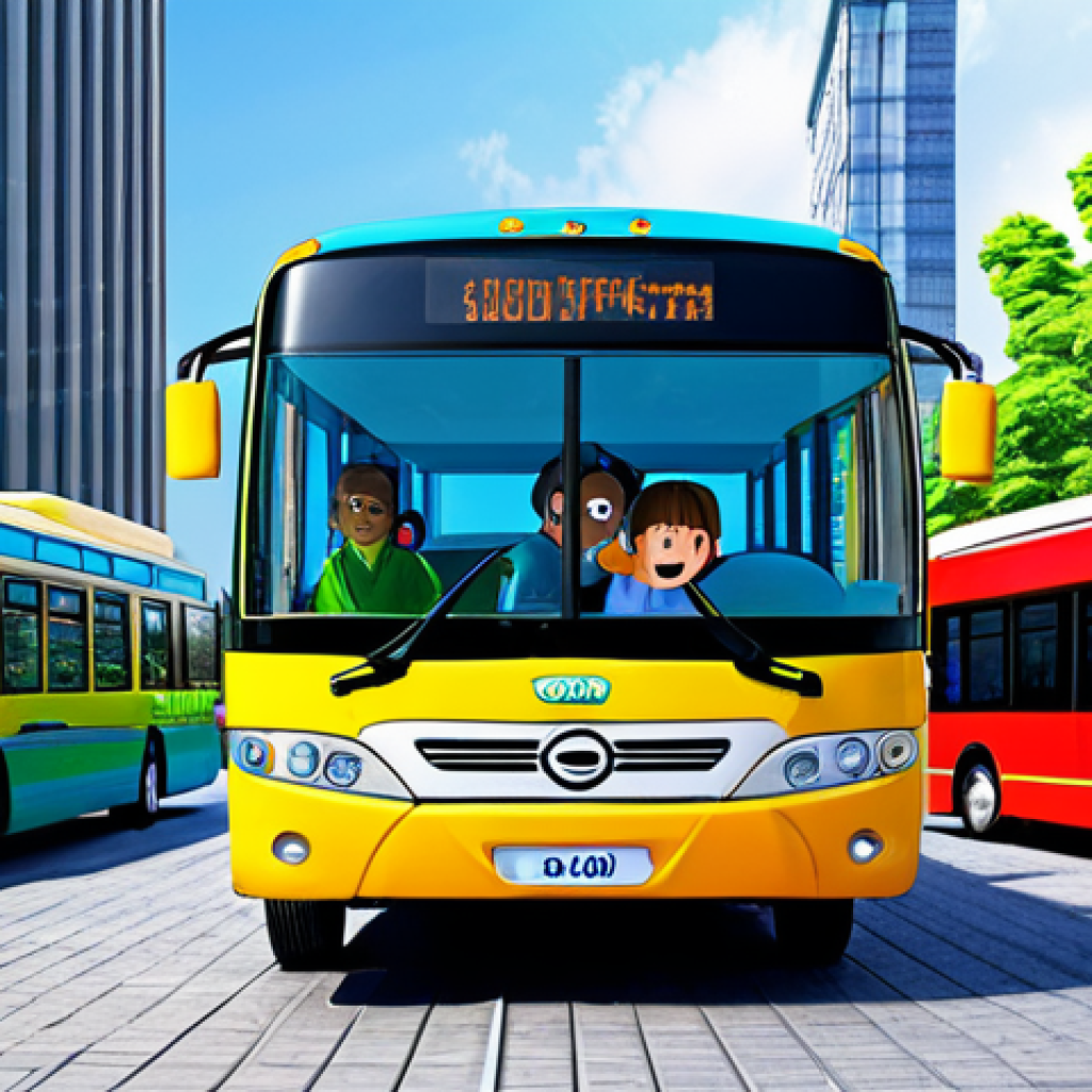 A vibrant scene featuring the animated character Tayo the Little Bus (blue, number 120) with his friends Rogi (green bus, number 1000), Lani (yellow bus, number 02), and Gani (red bus, number 1339). They are depicted as friendly anthropomorphic city buses, parked inside a clean, well-lit modern garage with large windows looking out onto a bustling, colorful city street. The buses exhibit their distinct, cheerful personalities through their expressions and natural poses, showcasing teamwork and camaraderie. The setting is bright and inviting, reflecting a positive atmosphere. Highly detailed, professional studio photography, crisp focus, vibrant colors, high resolution, perfect anatomy, correct proportions, well-formed vehicles, natural body proportions, safe for work, appropriate content, fully clothed, modest, family-friendly.