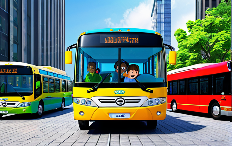 A vibrant scene featuring the animated character Tayo the Little Bus (blue, number 120) with his friends Rogi (green bus, number 1000), Lani (yellow bus, number 02), and Gani (red bus, number 1339). They are depicted as friendly anthropomorphic city buses, parked inside a clean, well-lit modern garage with large windows looking out onto a bustling, colorful city street. The buses exhibit their distinct, cheerful personalities through their expressions and natural poses, showcasing teamwork and camaraderie. The setting is bright and inviting, reflecting a positive atmosphere. Highly detailed, professional studio photography, crisp focus, vibrant colors, high resolution, perfect anatomy, correct proportions, well-formed vehicles, natural body proportions, safe for work, appropriate content, fully clothed, modest, family-friendly.