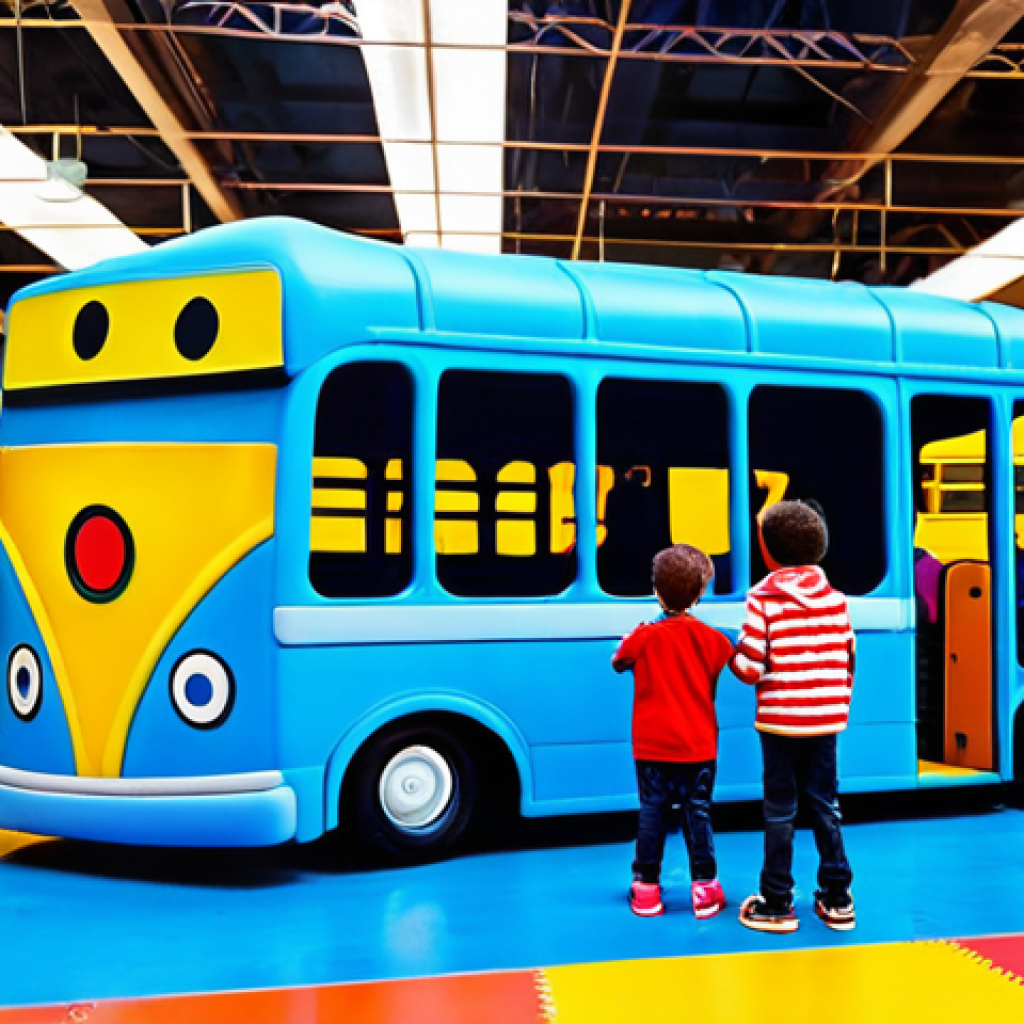 A group of diverse children, fully clothed in modest, comfortable attire, joyfully interacting with a life-sized, vibrant blue cartoon bus character replica in a brightly lit, expansive indoor festival play zone. Children are climbing and exploring the bus, their faces filled with wonder and excitement. The background features colorful, interactive play structures, soft flooring, and themed decorations resembling a miniature city with roads and buildings. The scene captures a moment of pure, active fun and immersive play. Professional photography, high resolution, sharp focus, perfect anatomy, correct proportions, natural pose, well-formed hands, proper finger count, natural body proportions, appropriate content, safe for work, family-friendly.