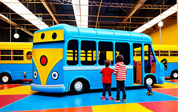 A group of diverse children, fully clothed in modest, comfortable attire, joyfully interacting with a life-sized, vibrant blue cartoon bus character replica in a brightly lit, expansive indoor festival play zone. Children are climbing and exploring the bus, their faces filled with wonder and excitement. The background features colorful, interactive play structures, soft flooring, and themed decorations resembling a miniature city with roads and buildings. The scene captures a moment of pure, active fun and immersive play. Professional photography, high resolution, sharp focus, perfect anatomy, correct proportions, natural pose, well-formed hands, proper finger count, natural body proportions, appropriate content, safe for work, family-friendly.