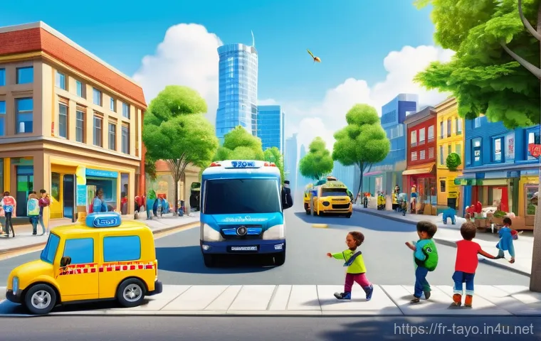 타요와 글로벌 이벤트 - An heartwarming animated scene depicting Tayo the Little Bus and a group of diverse children, aged 4...