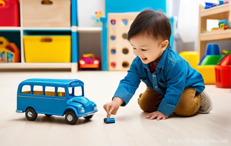 타요 영어 더빙 버전 - **Prompt:** A cheerful, innocent toddler, about 2-3 years old, with bright, curious eyes, is engross...