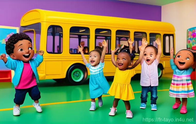 타요 테마곡 제작 과정 - **Vibrant Kids' Sing-Along with Friendly Buses:** A cheerful group of diverse children, aged 3-7, en...