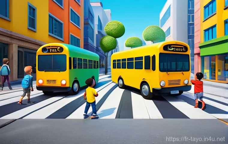 타요의 미디어 믹스 전략 - A vibrant and cheerful scene featuring Tayo the Little Bus (blue), Gani (green bus), and Lani (yello...
