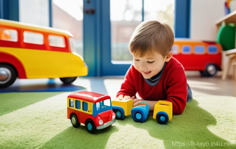 타요의 미디어 믹스 전략 - A vibrant and cheerful scene featuring Tayo the Little Bus (blue), Gani (green bus), and Lani (yello...