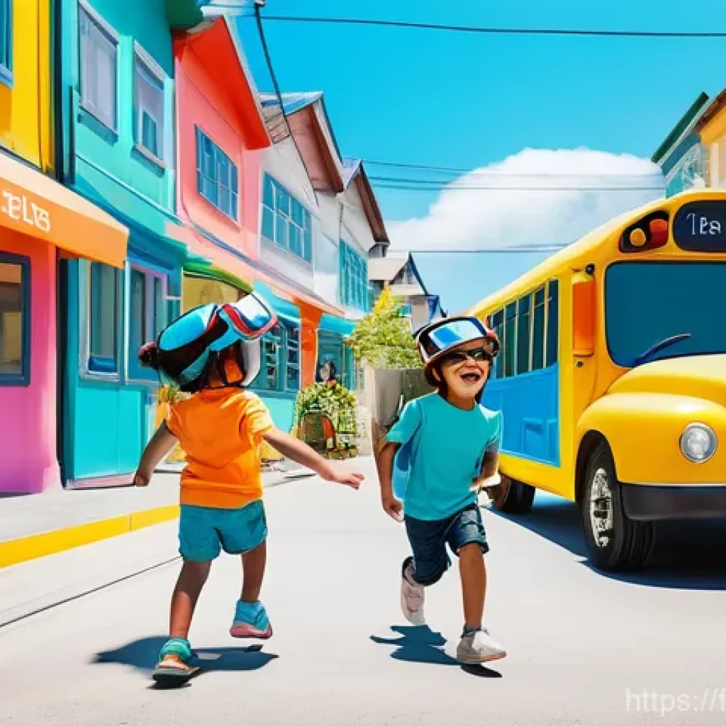 타요 관련 VR 콘텐츠 - **Prompt 1: Tayo's Virtual City Adventure**
"A joyful, diverse group of three children, approxim...