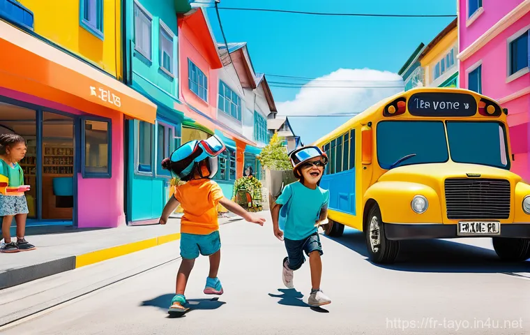 타요 관련 VR 콘텐츠 - **Prompt 1: Tayo's Virtual City Adventure**
"A joyful, diverse group of three children, approxim...