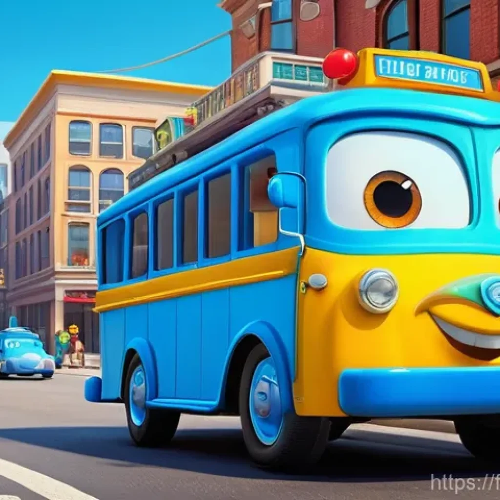 타요 팬덤 현상 - **Prompt:** A bustling, vibrant cityscape designed for young children, where friendly, anthropomorph...