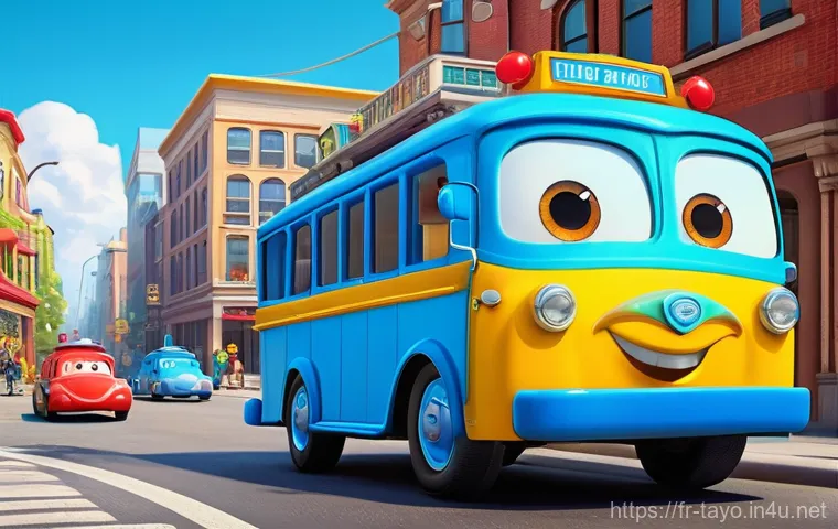 타요 팬덤 현상 - **Prompt:** A bustling, vibrant cityscape designed for young children, where friendly, anthropomorph...