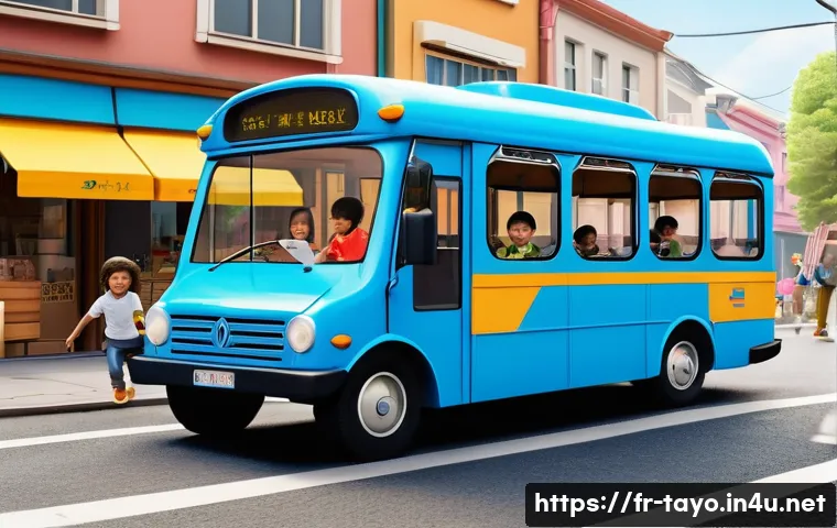 타요의 브랜드 가치 - A vibrant, animated scene of Tayo the Little Bus and his friends, Lani and Rogi, parked on a sunny, ...
