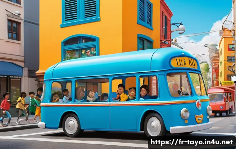타요 장난감 리뷰 - **Prompt:** A vibrant, cheerful scene of Tayo, the little blue bus, with his friends Lani (yellow), ...