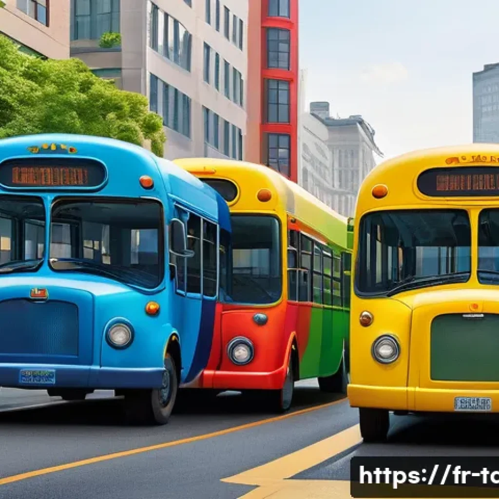 타요의 색채 디자인 - A vibrant urban scene featuring four colorful cartoon buses inspired by Tayo characters, each with d...