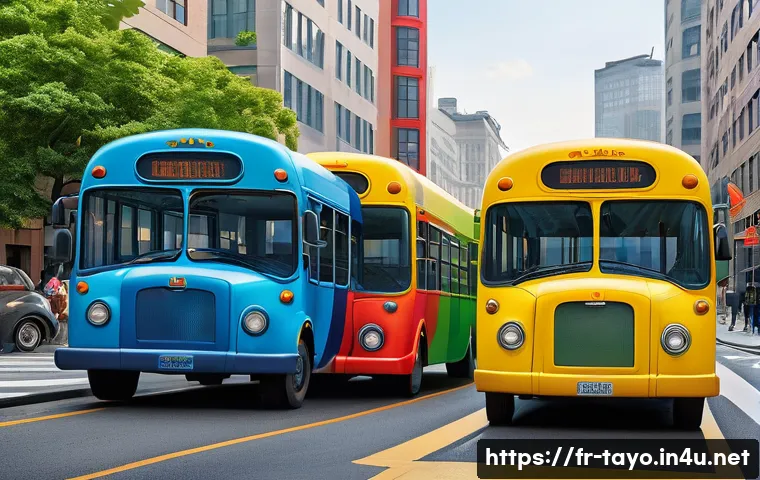 타요의 색채 디자인 - A vibrant urban scene featuring four colorful cartoon buses inspired by Tayo characters, each with d...