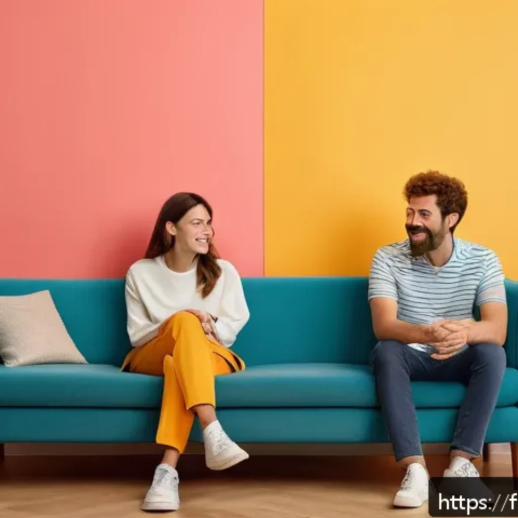 타요의 유머 요소 - A vibrant scene inside a minimalist living room with colorful walls and subtle absurd details, featu...