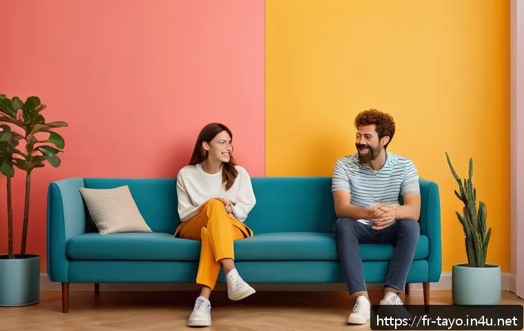 타요의 유머 요소 - A vibrant scene inside a minimalist living room with colorful walls and subtle absurd details, featu...
