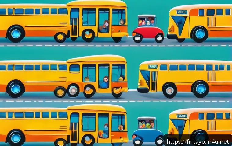 타요 극장판 - A colorful animated scene featuring a group of friendly, anthropomorphic buses with diverse personal...