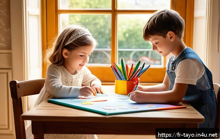 타요 관련 워크북 콘텐츠 - A bright and cheerful children’s activity corner in a French home, featuring a small wooden table wi...