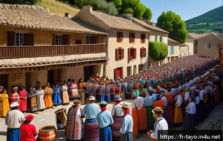 타요의 역사적 배경 - A vibrant scene of a traditional Tayo village festival in southern France, showcasing local artisans...