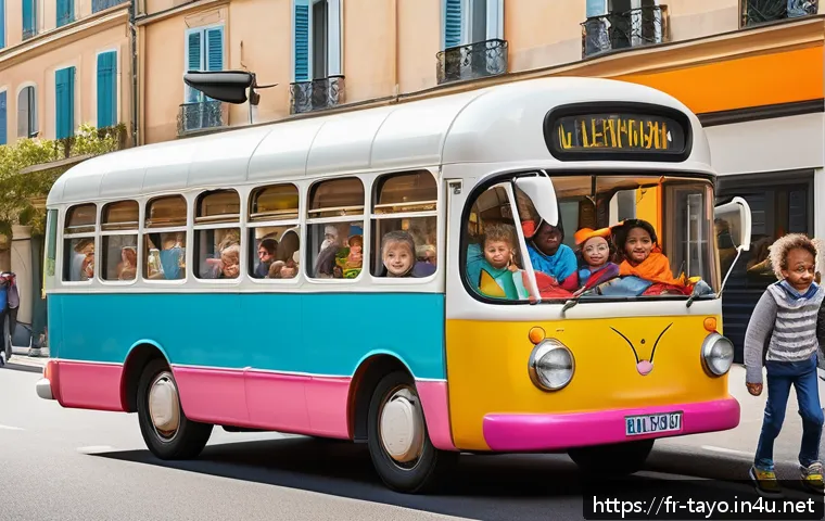 타요의 유머 코드 - A colorful and joyful scene featuring a group of anthropomorphic bus characters with expressive, rou...