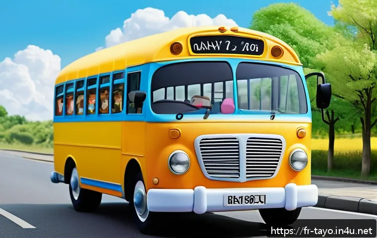 타요 유튜브 공식 채널 - A vibrant and colorful animated scene featuring a friendly small bus character named Tayo, designed ...