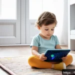 타요와 4차 산업 기술 - A cozy, modern living room scene featuring a young French toddler wearing a colorful diaper, sitting...