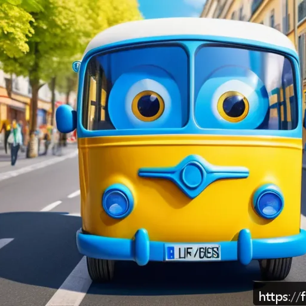 타요의 비하인드 장면 - A cheerful, colorful 3D animated bus character with bright blue and yellow colors, large expressive ...