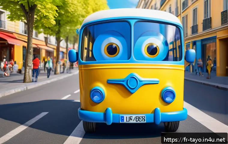 타요의 비하인드 장면 - A cheerful, colorful 3D animated bus character with bright blue and yellow colors, large expressive ...