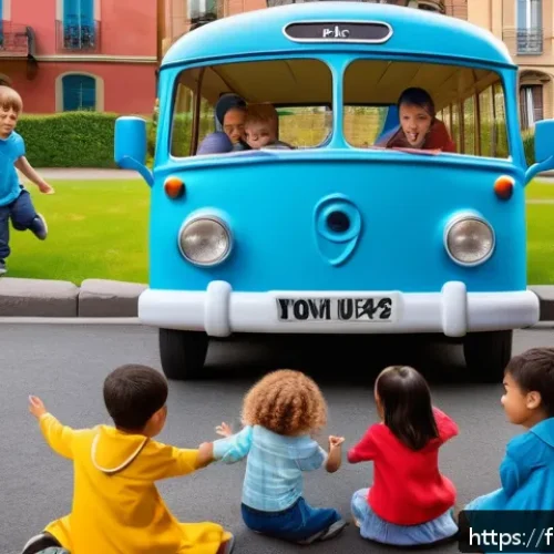 타요와 어린이 심리학 - A colorful and lively scene featuring Tayo the little blue bus and his friends in a sunny urban play...