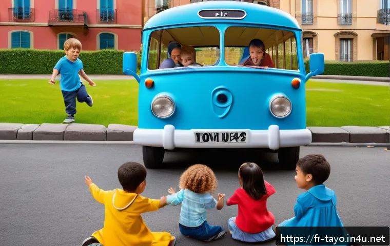 타요와 어린이 심리학 - A colorful and lively scene featuring Tayo the little blue bus and his friends in a sunny urban play...