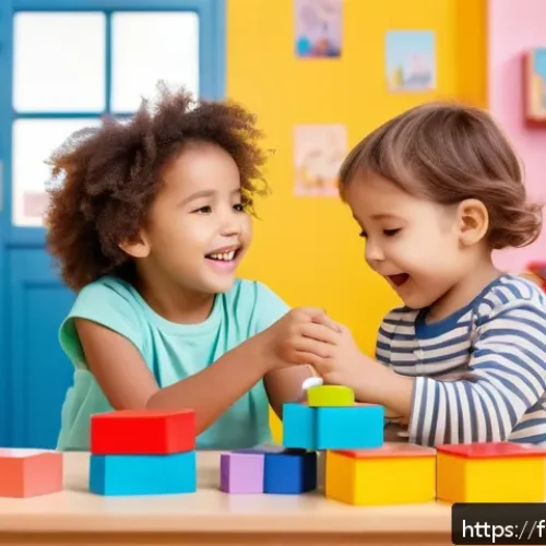 타요로 보는 어린이 심리 - A heartwarming scene of young children playing together in a colorful preschool classroom, each chil...