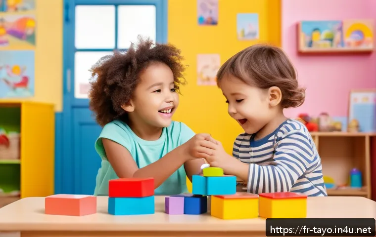 타요로 보는 어린이 심리 - A heartwarming scene of young children playing together in a colorful preschool classroom, each chil...