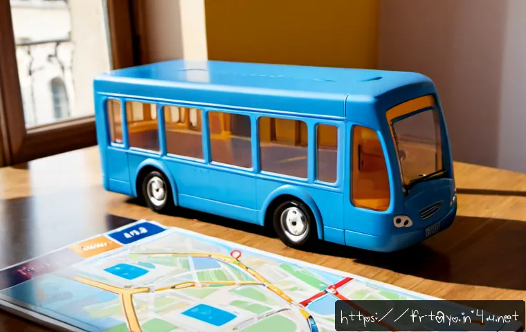 타요 스토리 분석 - Photorealistic editorial scene of a child-friendly blue city bus toy beside a neatly arranged visual...