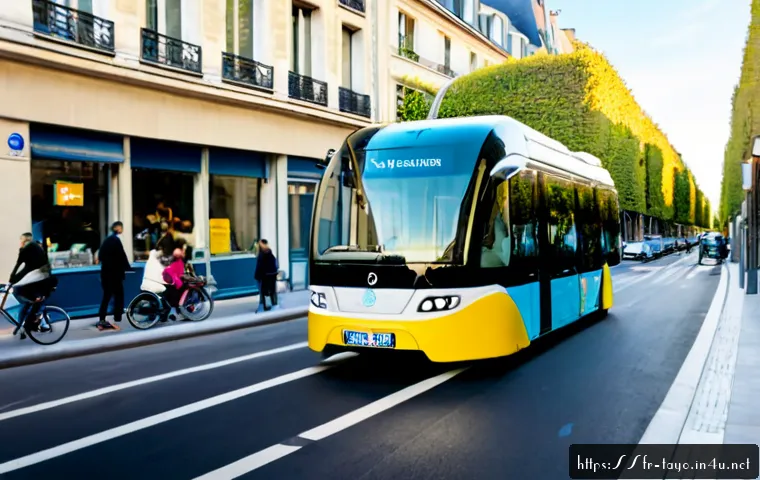 Home 17 타요의 미래 콘텐츠 - Photorealistic futuristic electric city bus with a friendly rounded design driving through a sunny P...