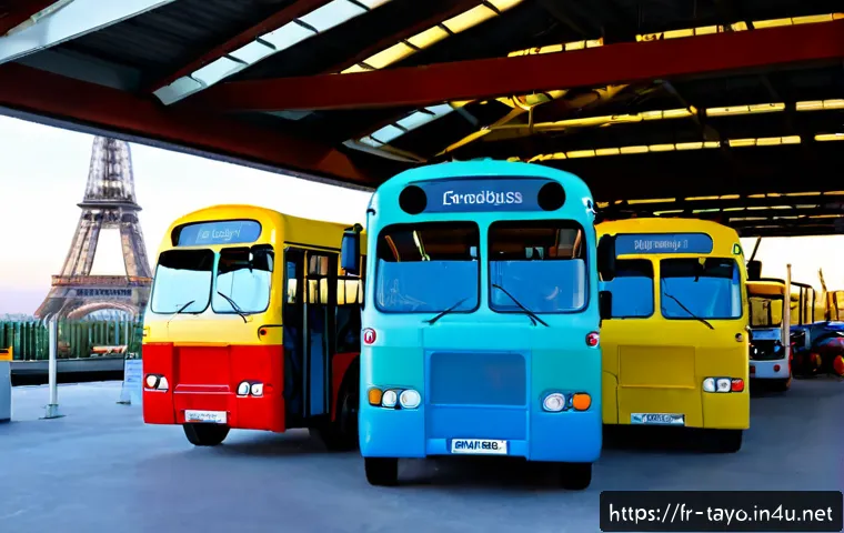 타요 주요 캐릭터 - Photorealistic friendly group of four colorful anthropomorphic city buses with expressive windshield...