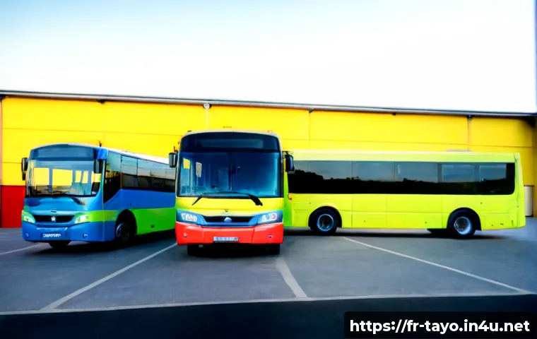 타요 버스의 색상 의미 - Photorealistic lineup of four friendly city buses in vivid blue, green, red, and yellow, parked at a...