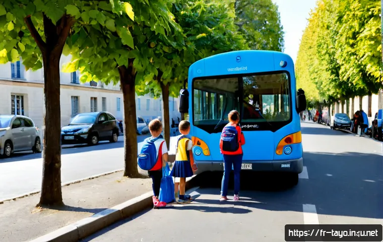 타요와 도덕적 가르침 - Photorealistic sunny morning outside a French primary school, a friendly small blue city bus parked ...